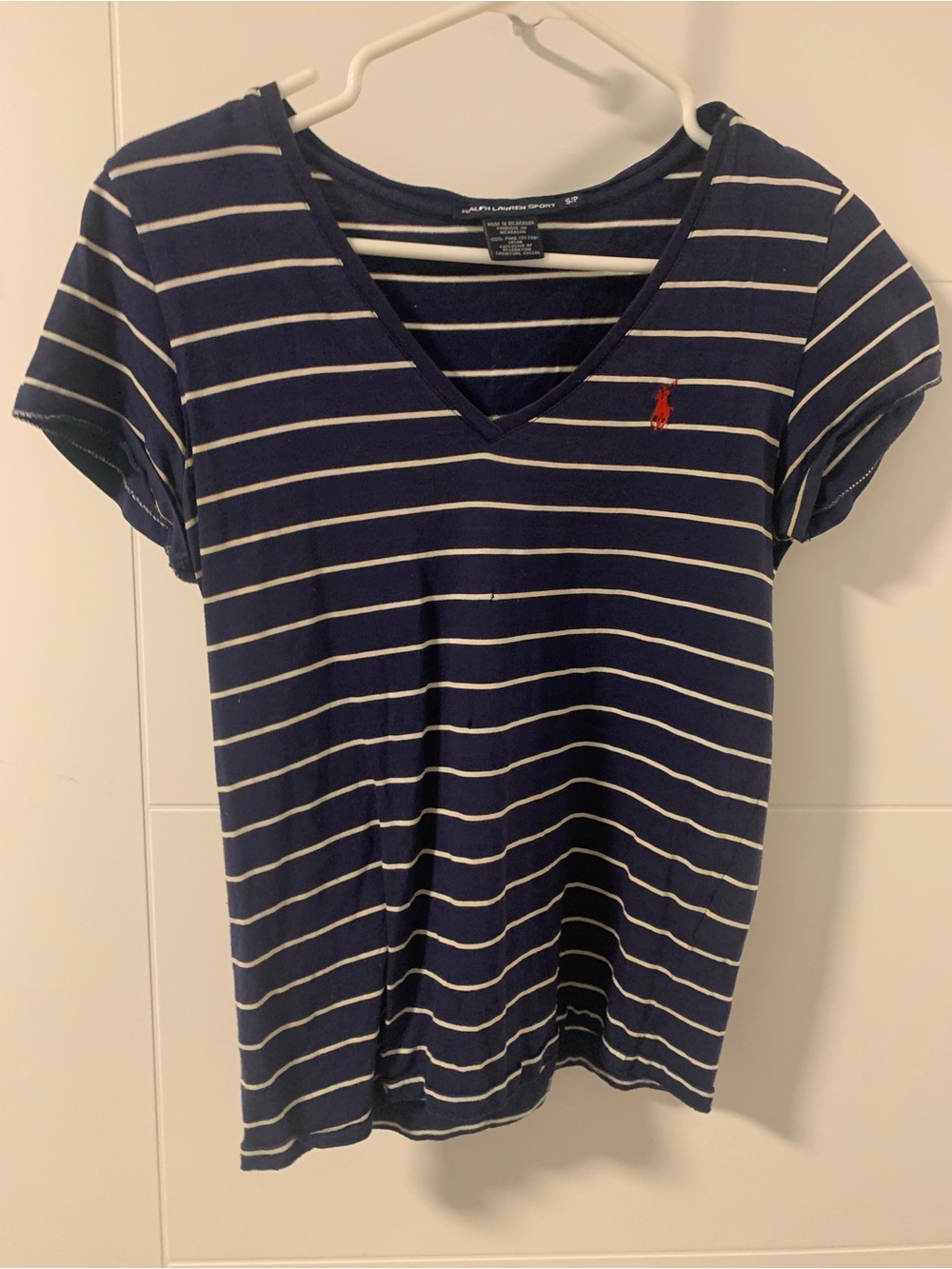 Ralph Lauren Navy Stripe V-Neck Tee with Red Logo small pin hole on  A16